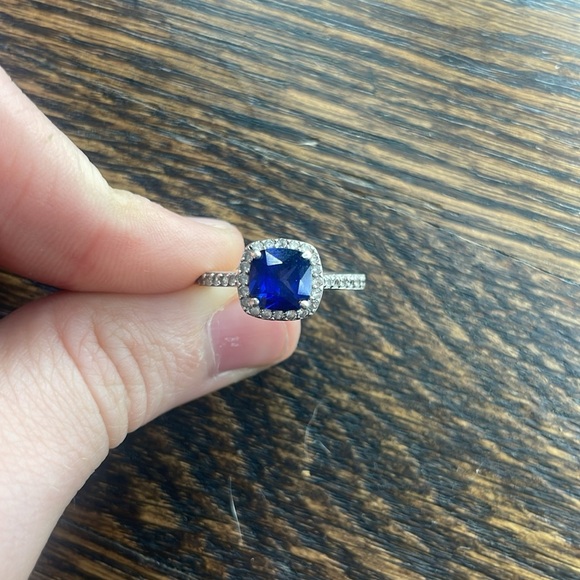 10k White Gold Lab-created Sapphire & 1/2 Carat TW Diamond Cushion Halo Ring - Picture 1 of 6